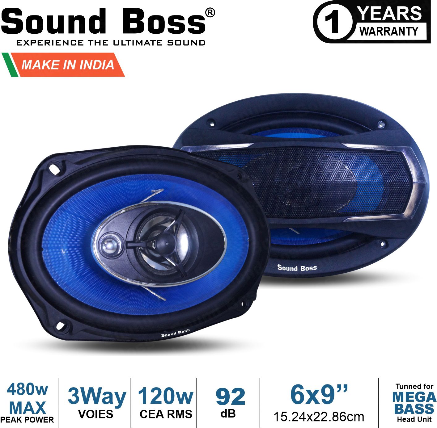 Sound Boss REAR 6X9 "INCH OVAL 3-Way Performance Auditor 480W MAX SB-B6901 Coaxial Car Speaker (480 W)