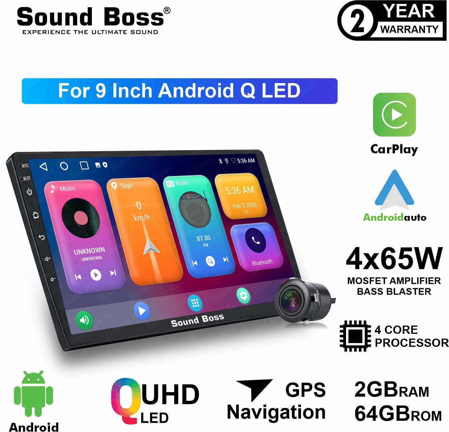 Sound Boss Androidify 3rdGeneration Bass-Blaster 9'' Inch Q-LED Car-Play (2GB/64GB) Android Car Stereo (Double Din)