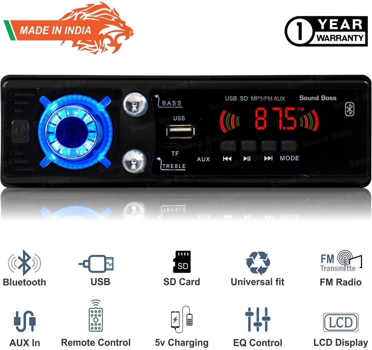 Sound Boss MP3/BLUETOOTH/USB/SD/AUX/FM Car Stereo (Single Din)