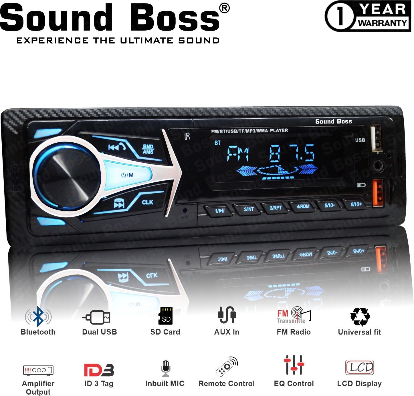 SKU ID: SB-121 Brand: Sound Boss Vehicle Brand: Universal For Car DIN Size: Single Type: Audio Supported Audio Formats: APE::AXE::FLAC::MP3::MPO::USB::WAV::WMA Steering Wheel Controls: Yes Connectivity: AUX::Bluetooth::USB Convenience Features: Android Co