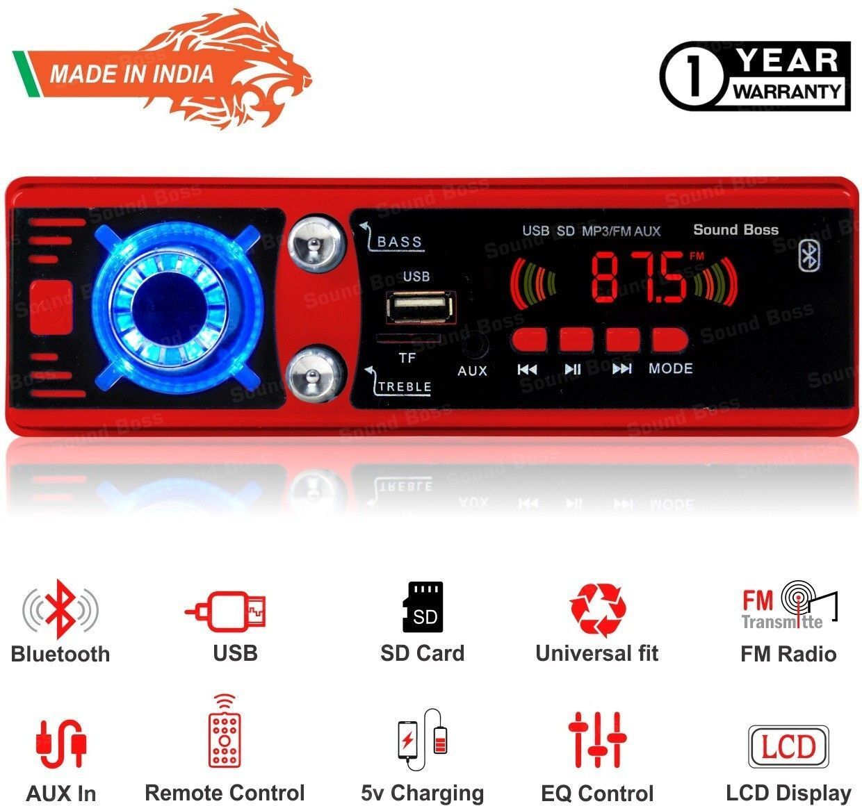 Sound Boss MP3/BLUETOOTH/USB/SD/FM/AUX Car Stereo (Single Din)
