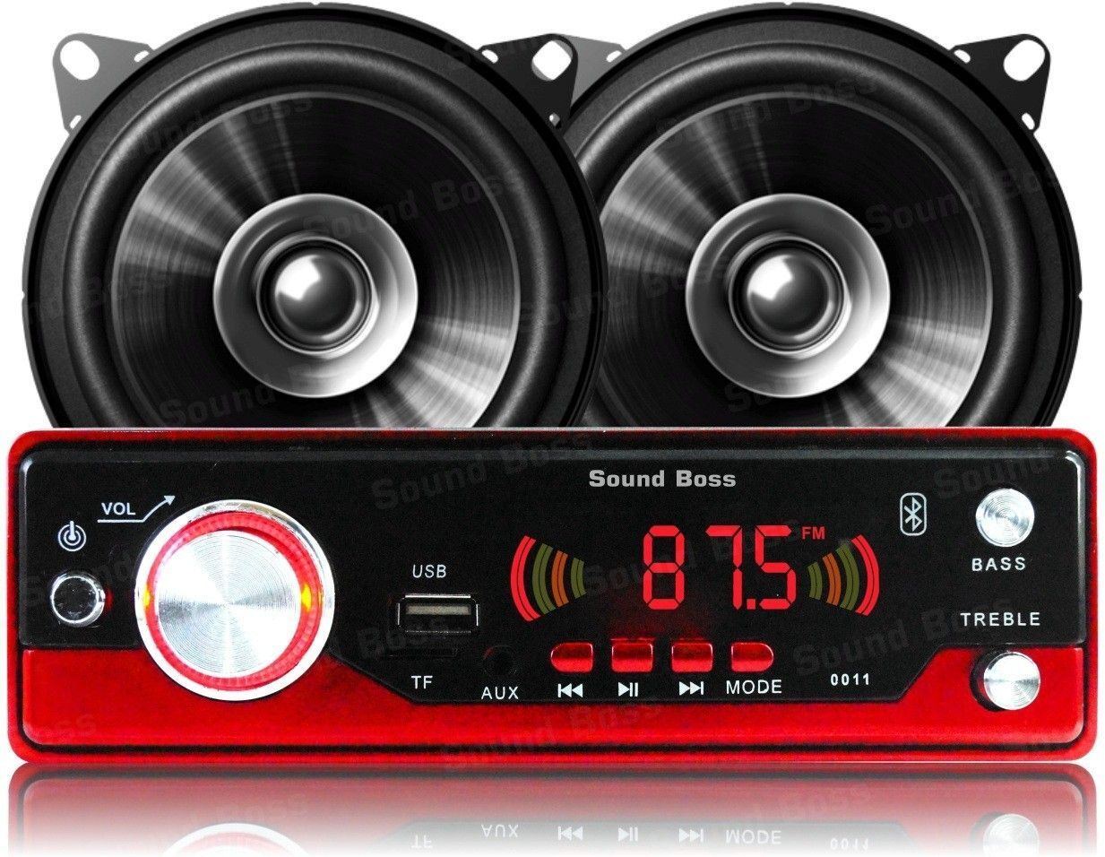 Sound Boss FM/AUX/SD/USB/BLUETOOTH/MP3 Car Stereo + Dashboard 4" Dual Performance Auditor 200W MAX B1015 Coaxial Car Speaker Car Stereo (Single Din)