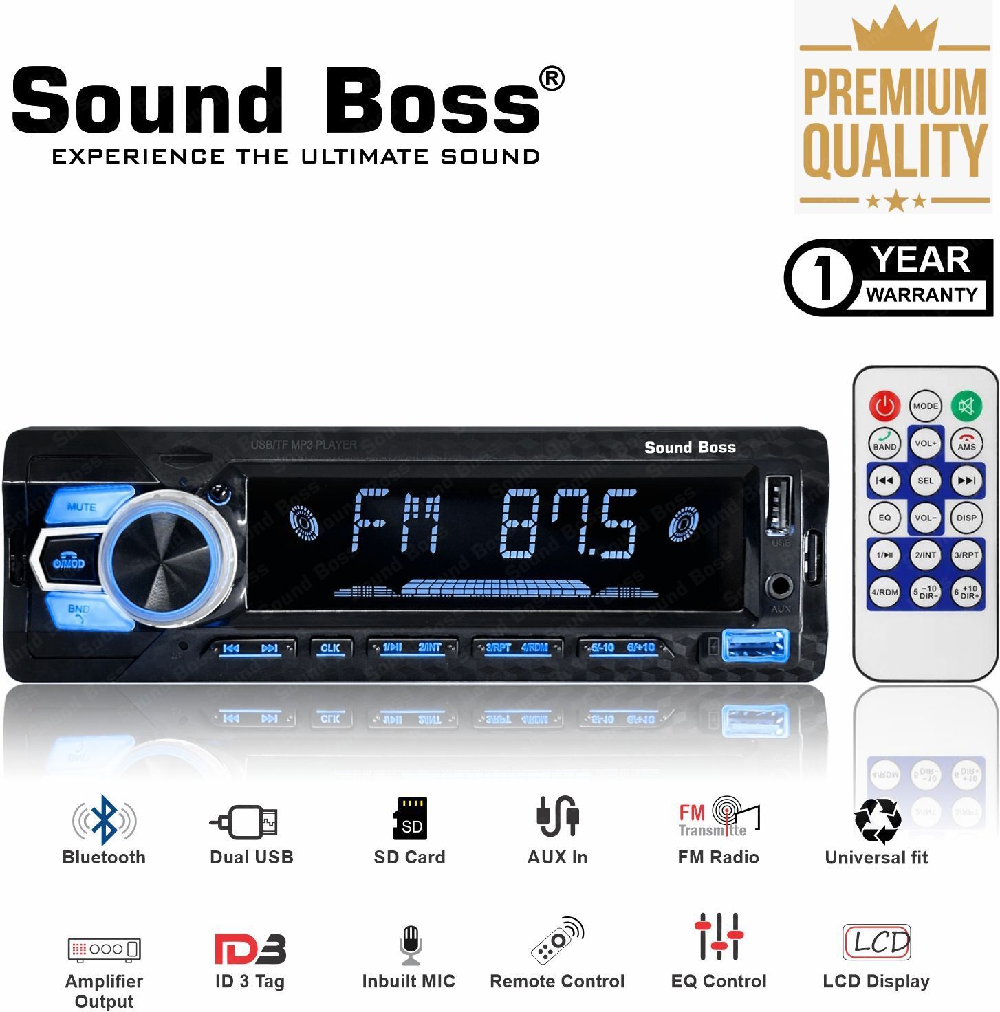 Sound Boss SB-22Bluetooth Wireless With Phone Caller Id Receiver Car Stereo (Single Din)