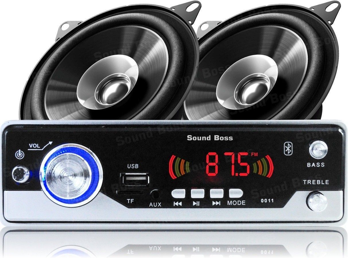 Sound Boss BLUETOOTH/SD/USB/AUX/FM/MP3 Car Stereo + Dashboard 4" Dual Performance Auditor 200W MAX B1015 Coaxial Car Speaker Car Stereo (Single Din)