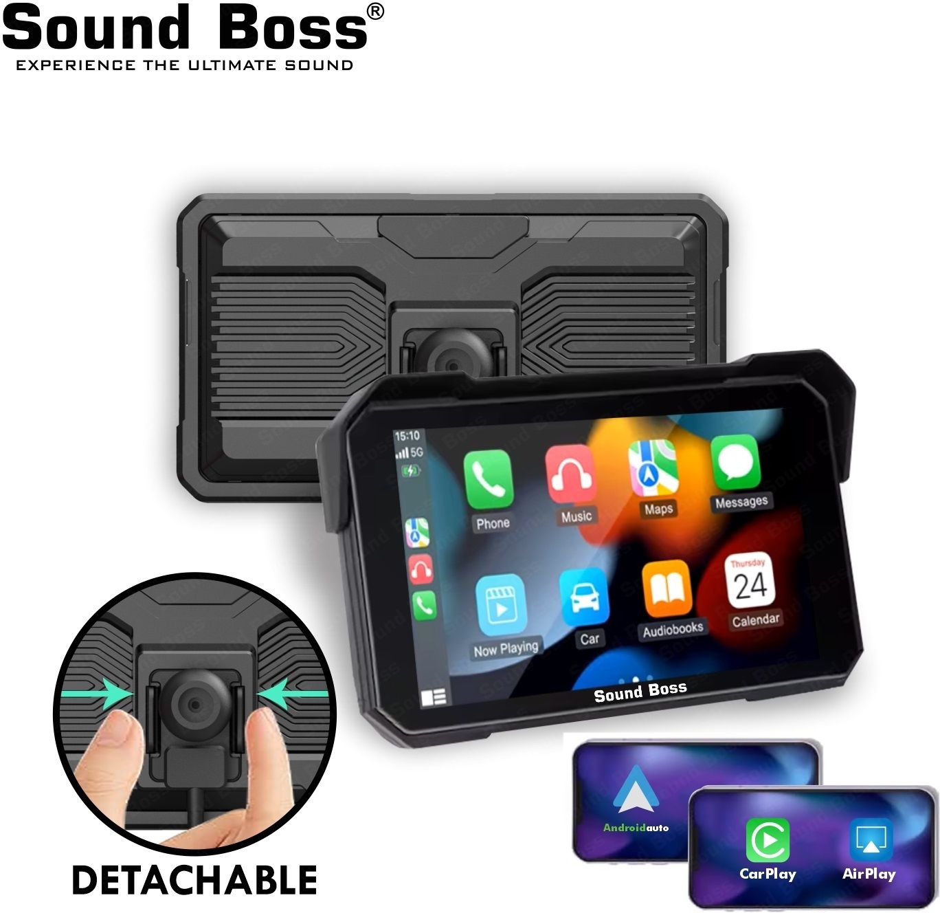 Sound Boss 5 Inch Detachable Smart Screen-Wireless CarPlay & Android Auto Touchscreen Bike Stereo System