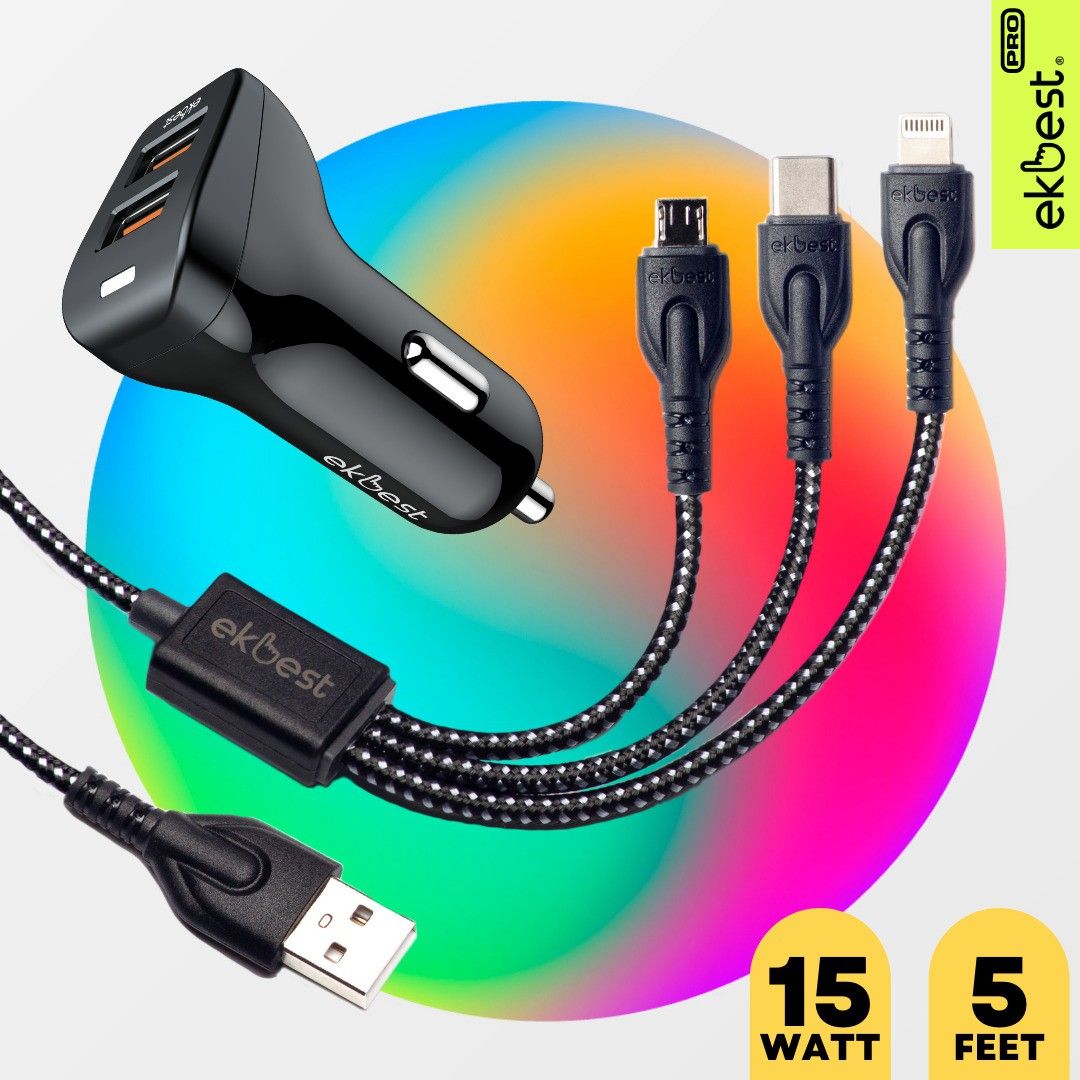 EKBEST 7.5 W Qualcomm Certified Turbo Car Charger (Black, With USB Cable)