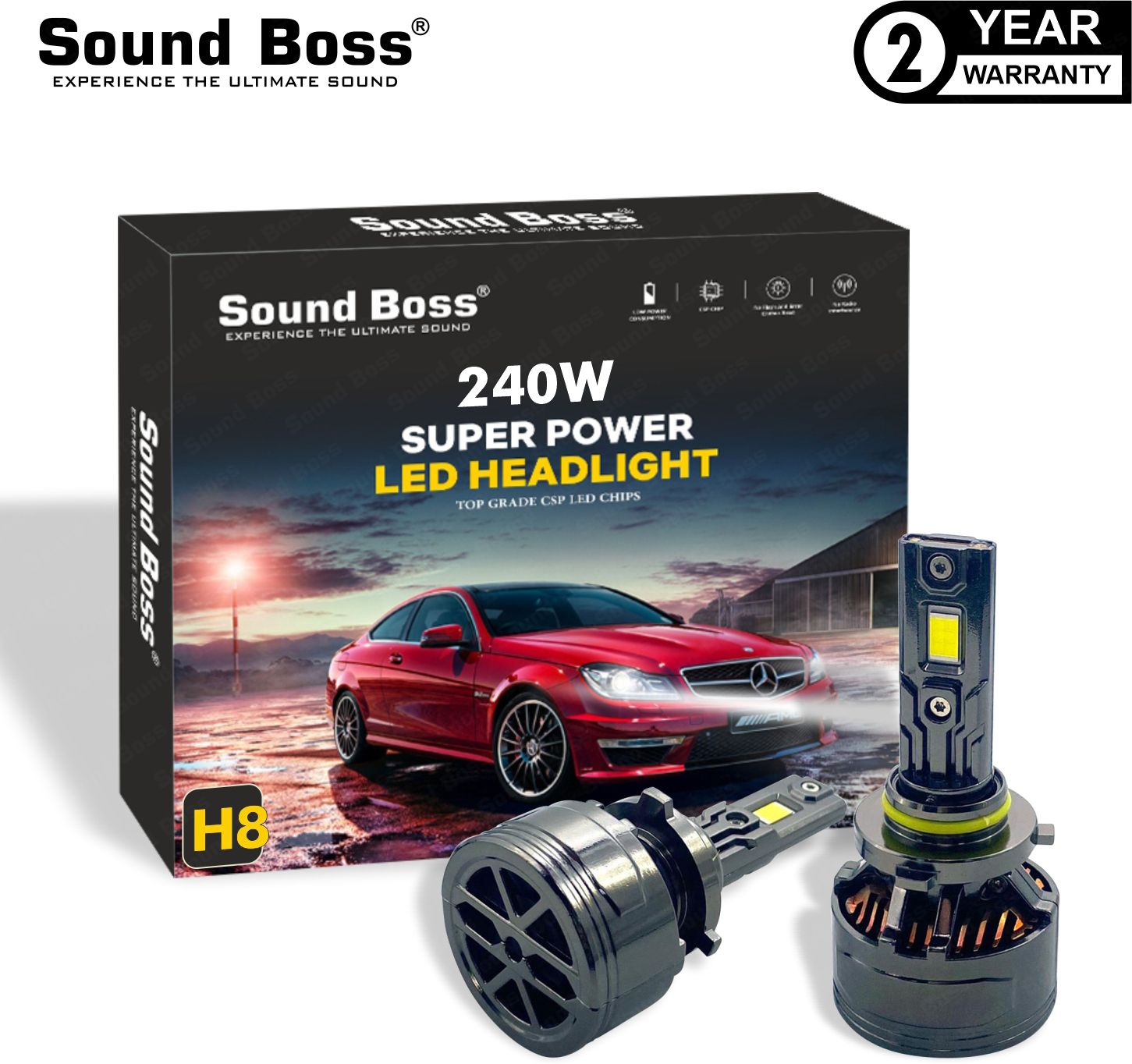 Sound Boss Genuine H8 240W 25000LM 6000K Auto Driving Retrofit Cool White Headlight Car LED (12 V, 240 W) (Universal For Car)