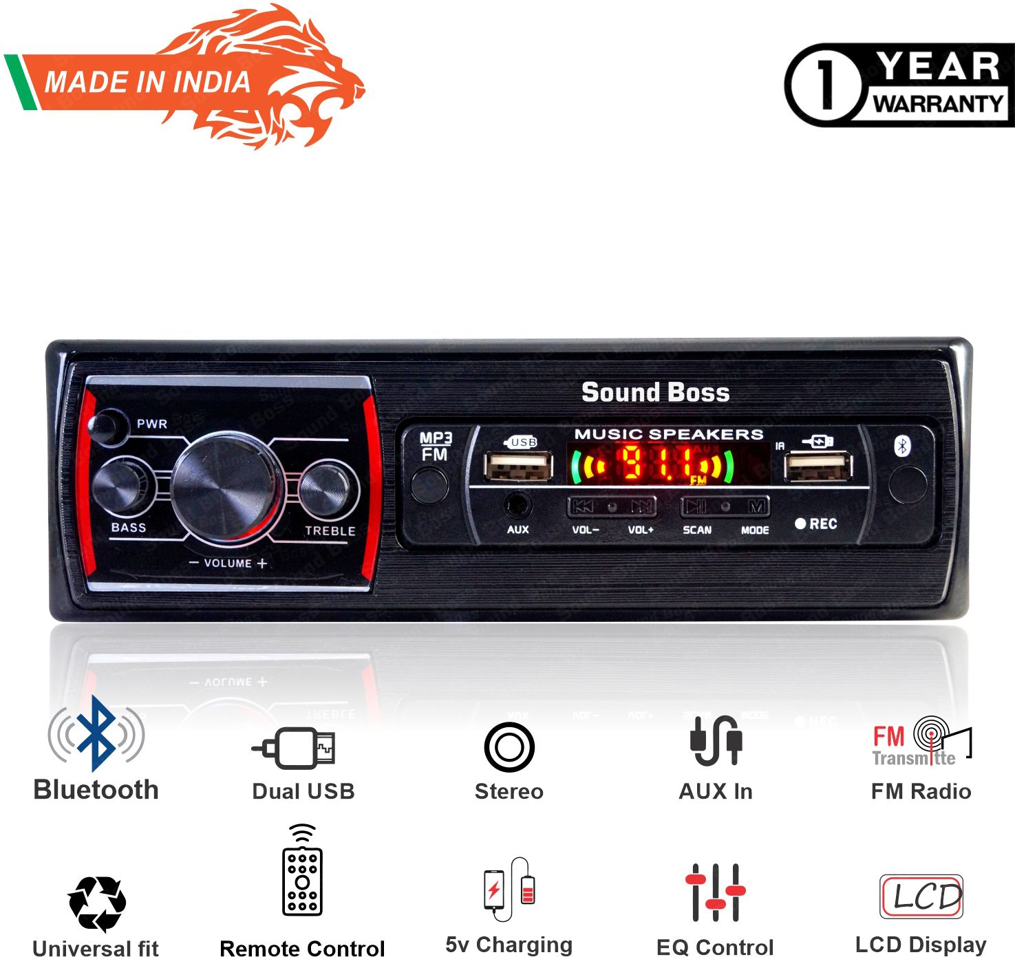 Sound Boss DOUBLE USB/BLUETOOTH/SD/AUX/FM/MP3 Charge pro+ Car Stereo (Single Din)