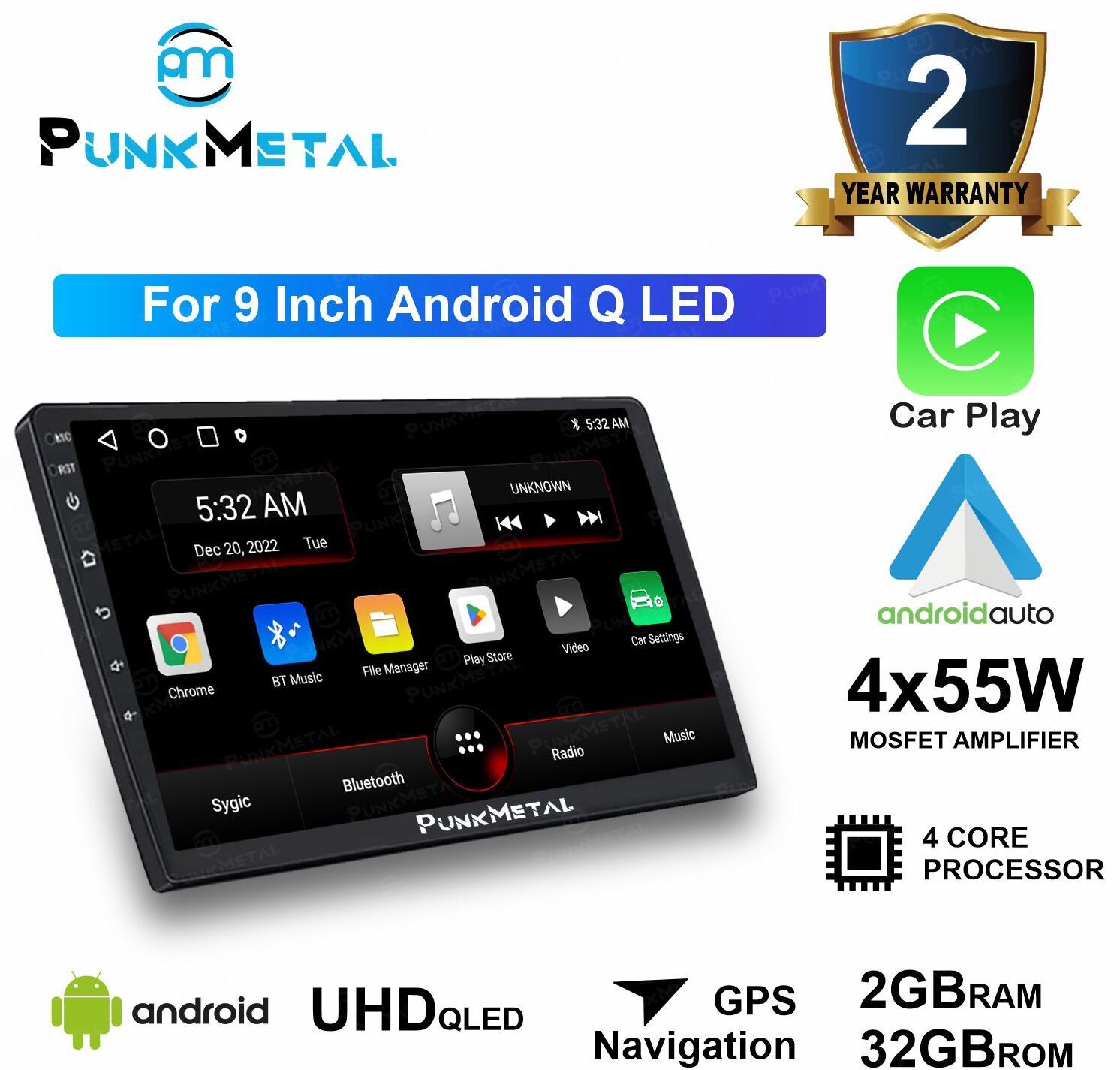 PunkMetal 9''Inch QLED(2GB/32GB)With Apple Car-Play & Android Auto android Car Stereo (Double Din)