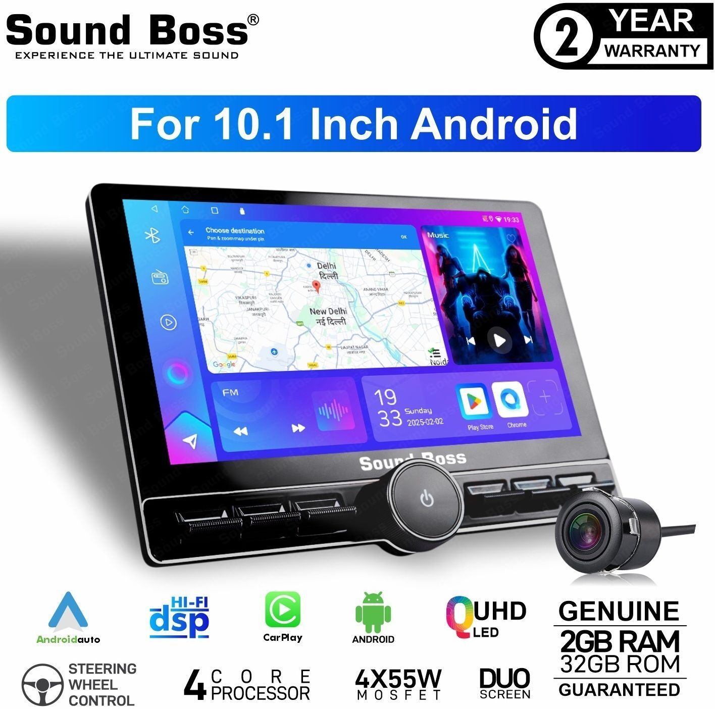 Sound Boss Androidify 4th Gen 10.1" Diamond Piano Series (2GB/32GB) Android With Camera. Car Stereo (Double Din)
