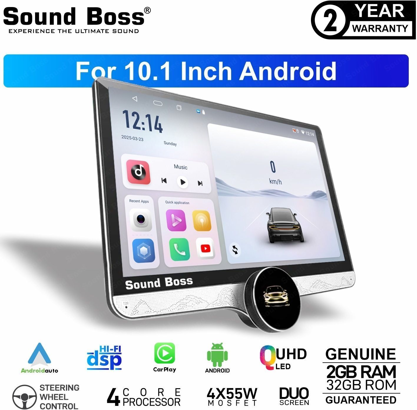 Sound Boss Androidify 4th Gen 10.1 Inch Diamond Qled Middle Knob (2GB/32GB) Android Car Stereo (Double Din)