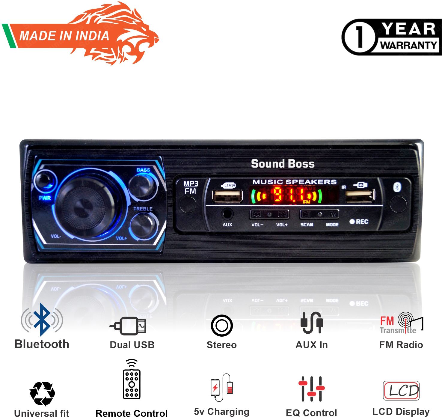 Sound Boss DOUBLE FM/USB/BLUETOOTH/SD/AUX/MP3 Charge pro+ Car Stereo (Single Din)