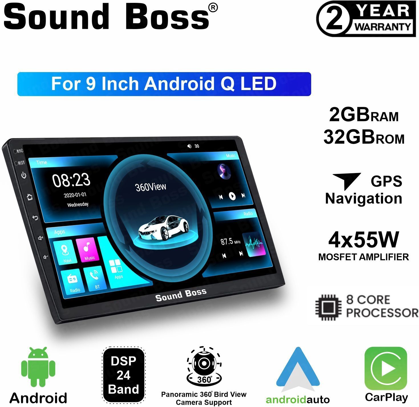 Sound Boss Androidify 3rd Gen 9" Inch QLED With DSP & 360° Bird View Support (2GB/32GB) Car Stereo (Double Din)