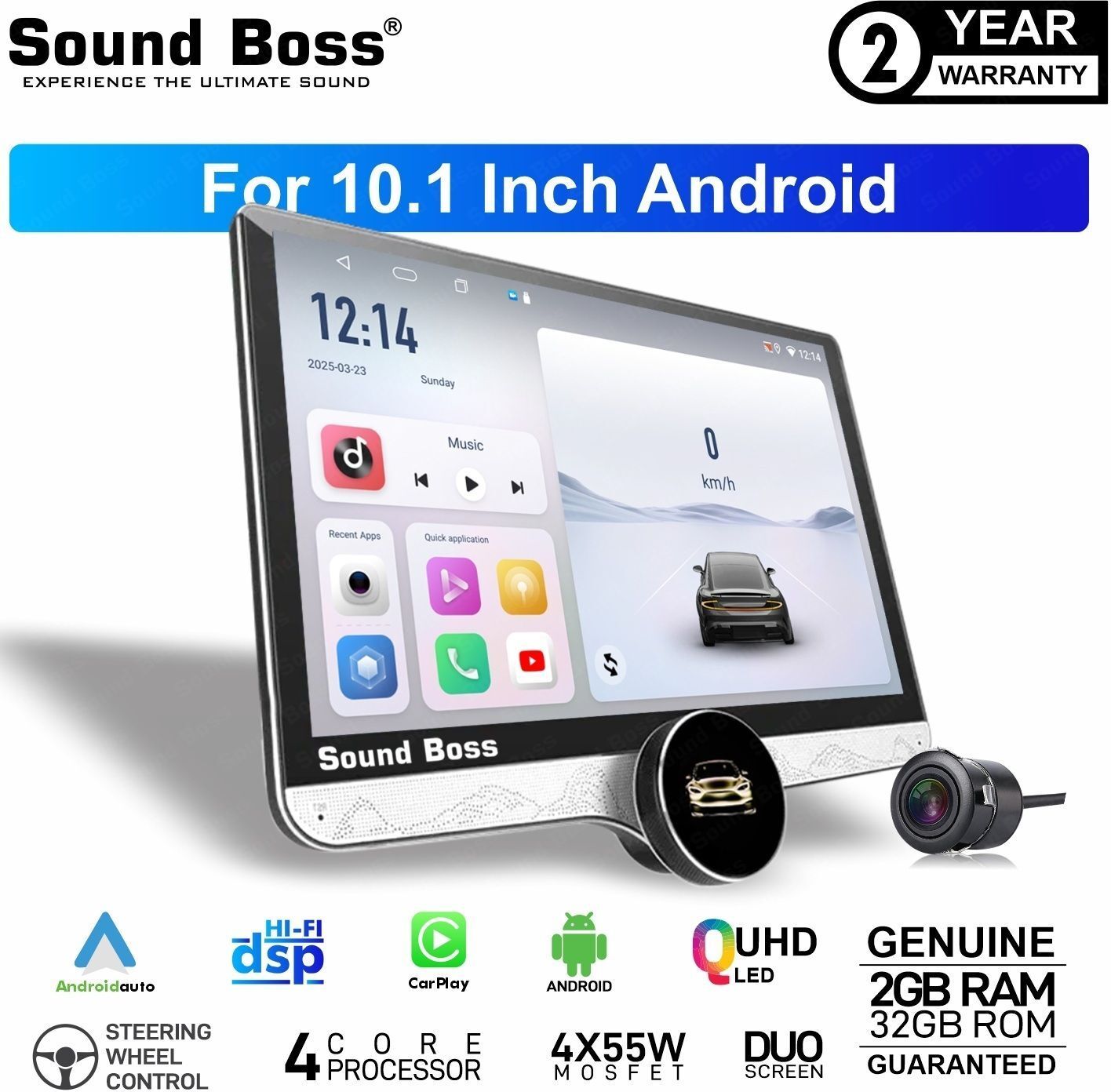Sound Boss Androidify 4th Gen 10.1 Inch Diamond Qled Middle Knob (2GB/32GB) Android. Car Stereo (Double Din)