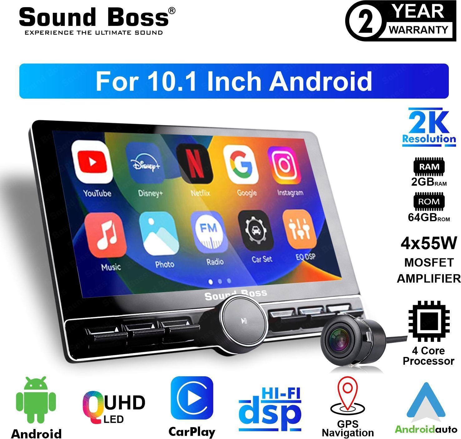 Sound Boss 2K Diamond Piano Series Androidify 4th Gen 10.1" (2GB/64GB) Android With Camera Car Stereo (Double Din)