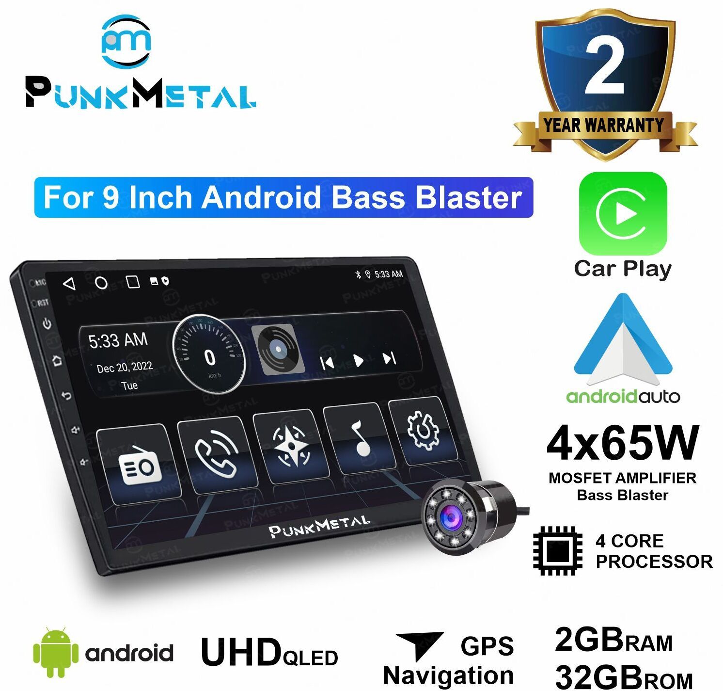 PunkMetal 9''Inch QLED EXtreme (2GB/32GB)With AHD Camera Car Stereo (Double Din)