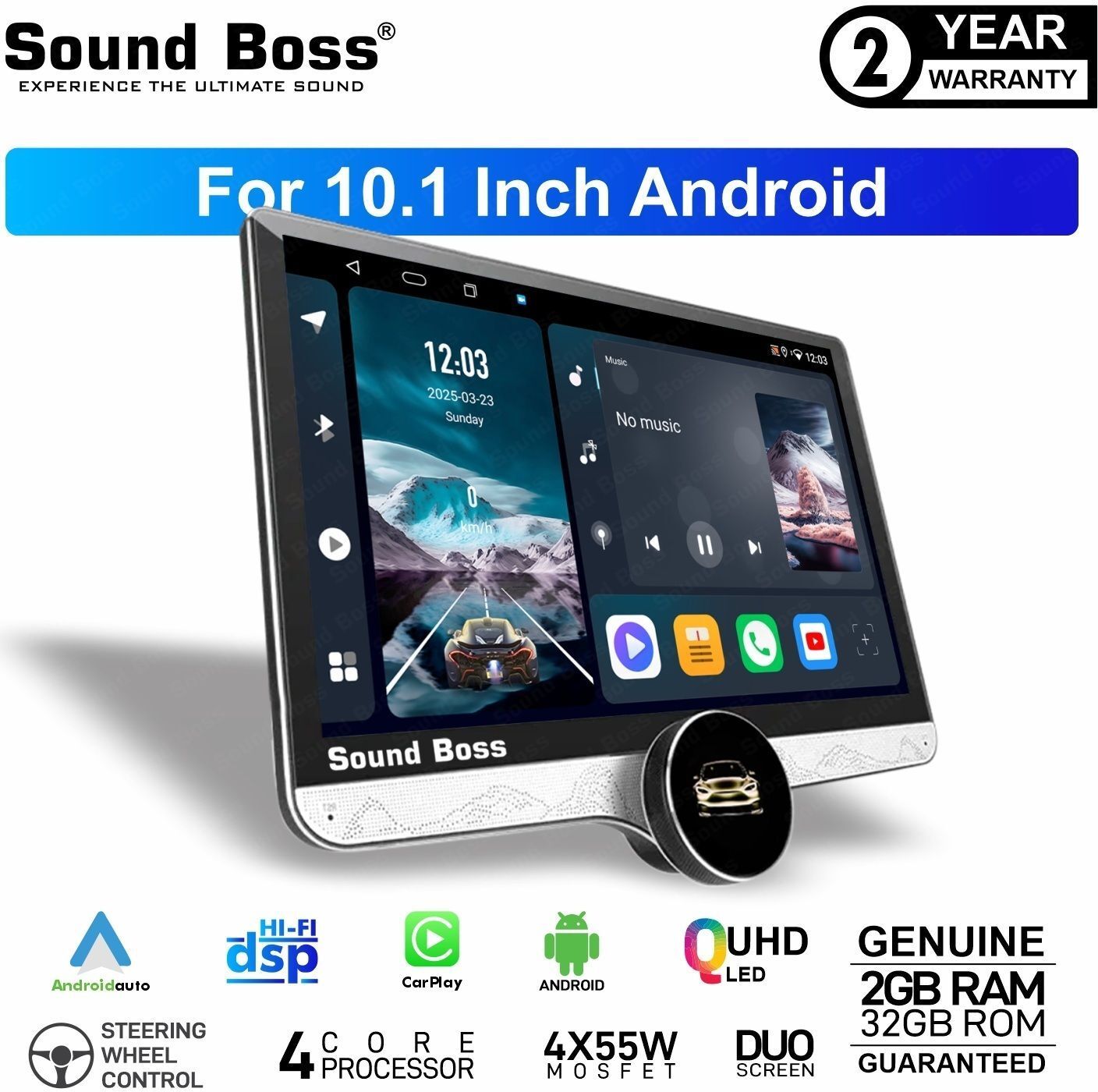 Sound Boss Androidify 4th Gen 10.1" Diamond Qled Middle Knob (2GB/32GB) Android Car Stereo (Double Din)