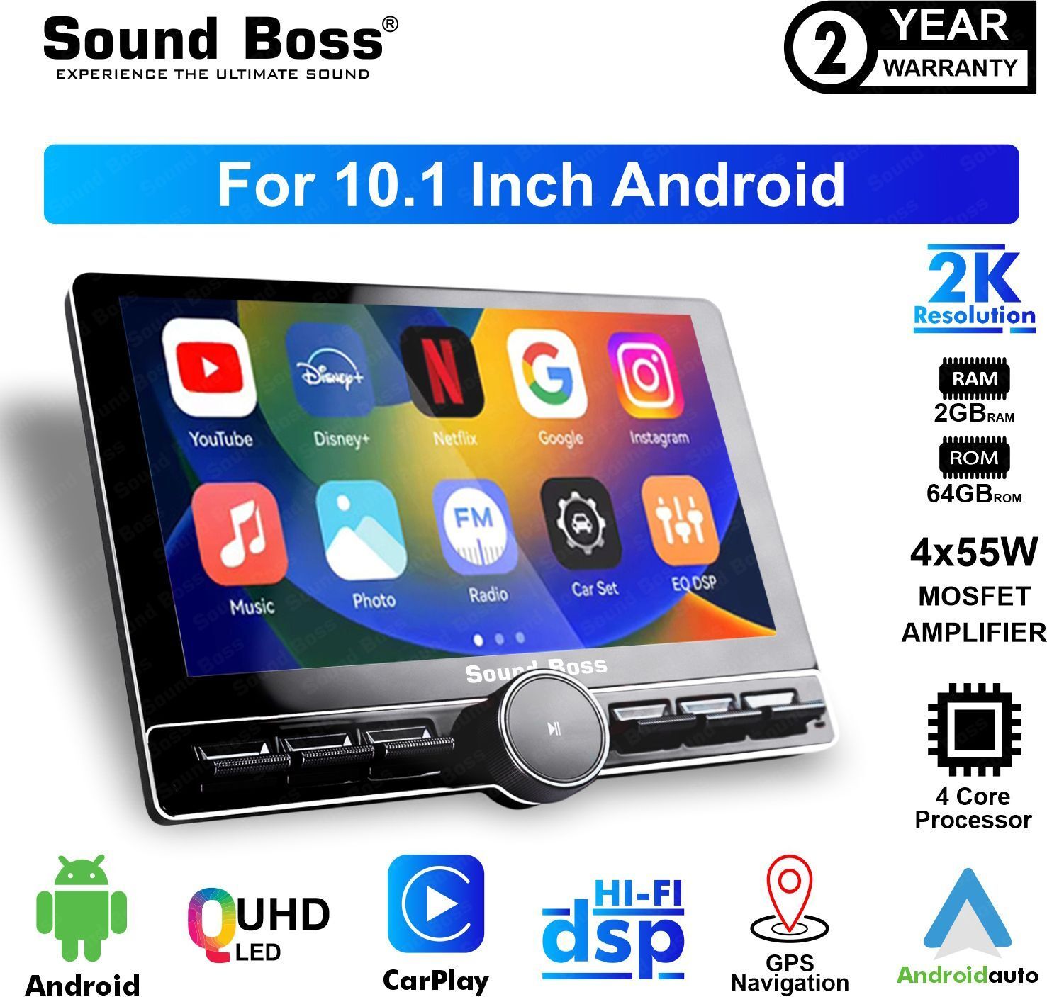 Sound Boss QLED 2K Diamond Piano Series Androidify 4th Generation 10.1" (2GB/64GB) Android Car Stereo (Double Din)
