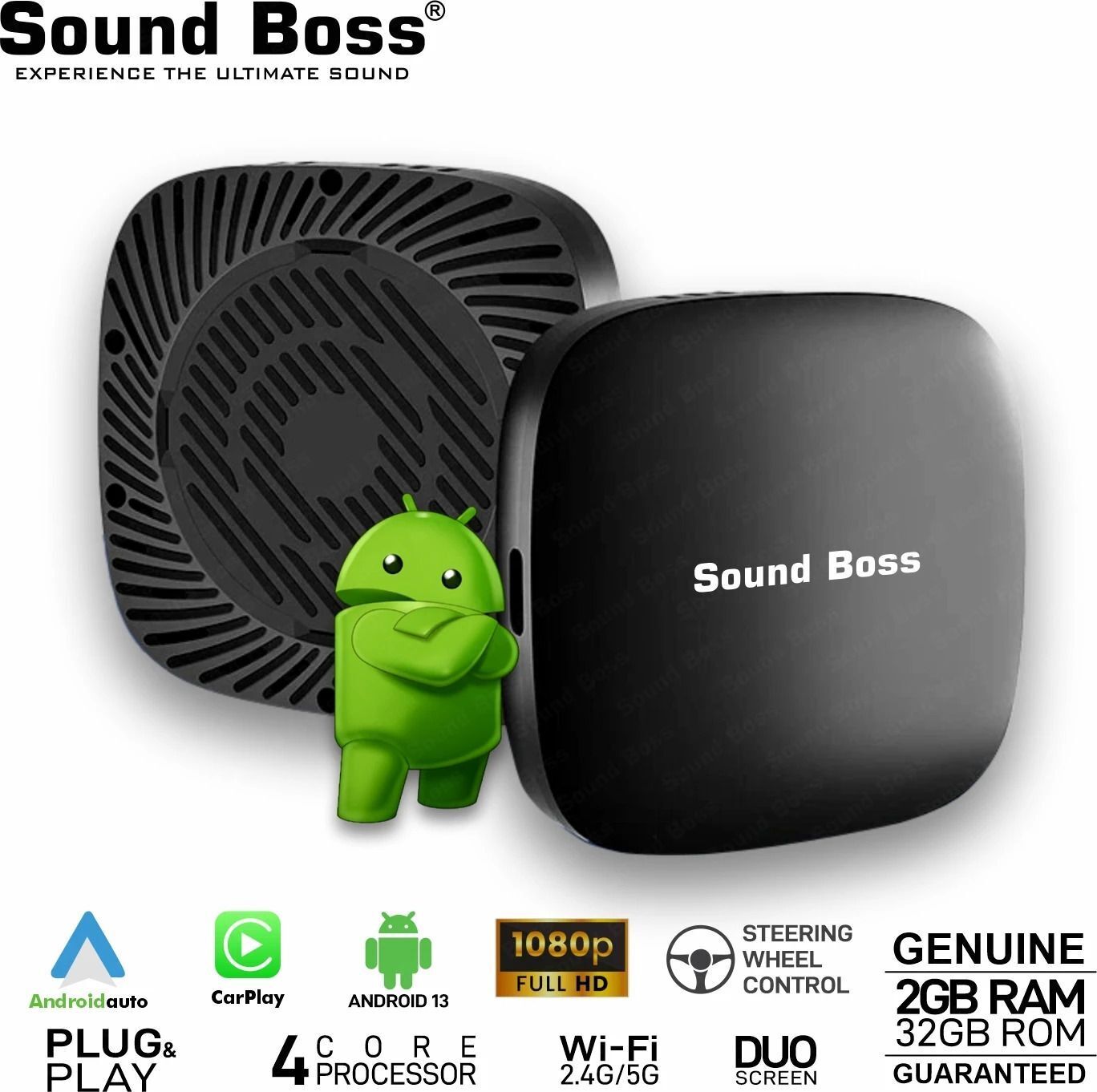 Sound Boss Androidify MiniX 2GB/32GB Wireless CarPlay Android Auto AI Box For OEM Car Stereo (Double Din)