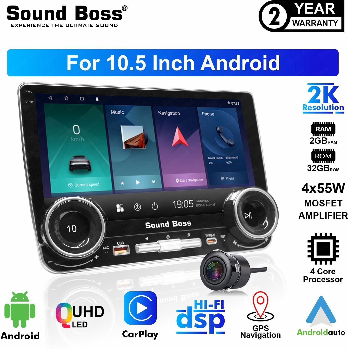 Sound Boss QLED 2K Diamond Pro+ Androidify 4th Gen 10.5" (2GB/32GB) Android With AHD Camera Car Stereo (Double Din)