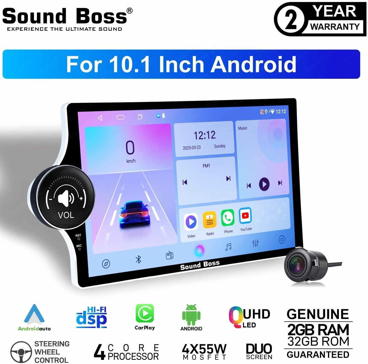Sound Boss Androidify 4th Gen 10.1" Diamond Qled Side Knob 2GB/32GB Android With AHD Camera Car Stereo (Double Din)