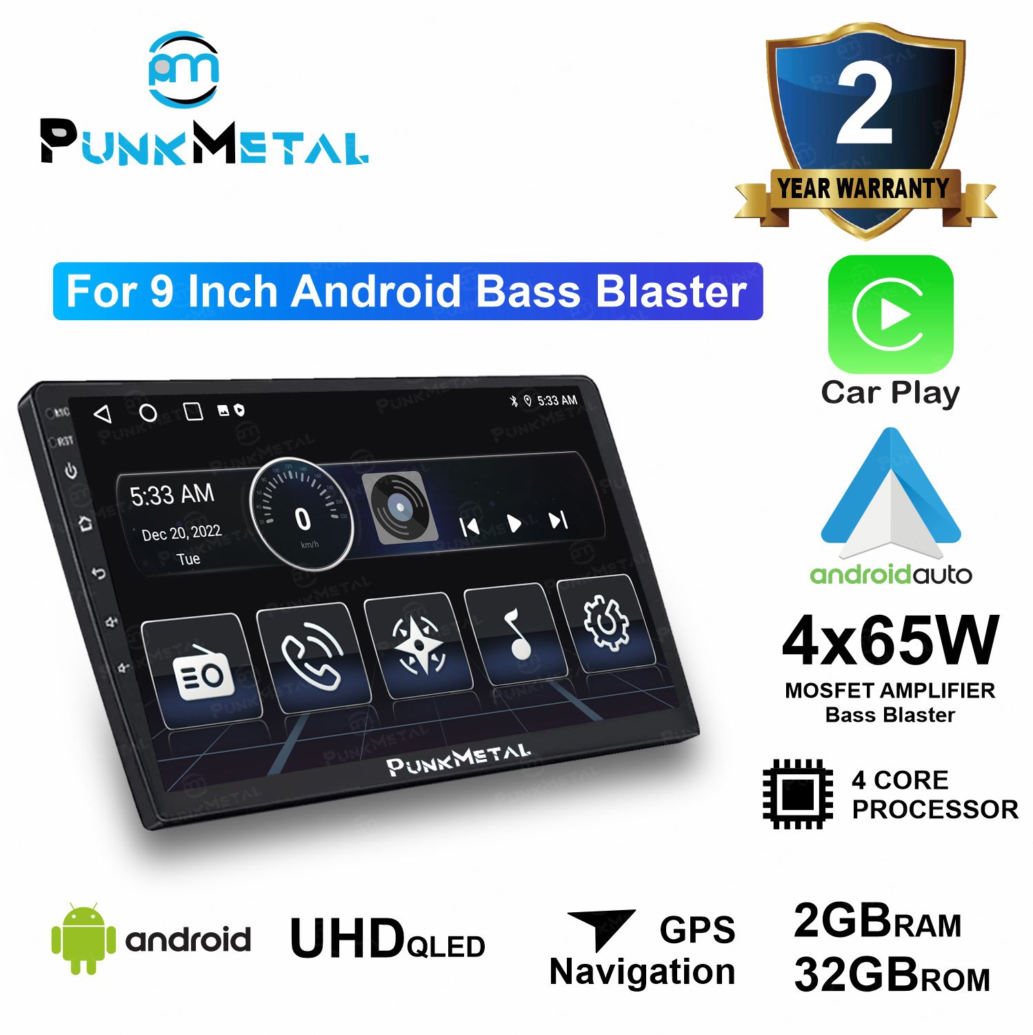 PunkMetal 9''Inch QLED EXtreme (2GB/32GB)With Android Auto & Apple Car-Play android Car Stereo (Double Din)