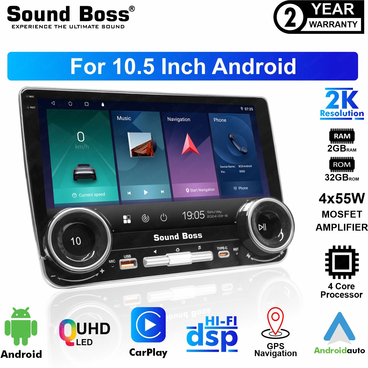 Sound Boss QLED 2K Diamond Pro+ Series Androidify 4th Gen 10.5 Inch (2GB/32GB) Android Car Stereo (Double Din)