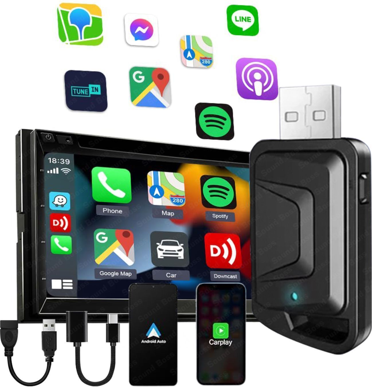 Sound Boss Mini Wired To Wireless Carplay & Android Auto Usb Adaptor Plug N Play For OEM Car Stereo (Double Din)