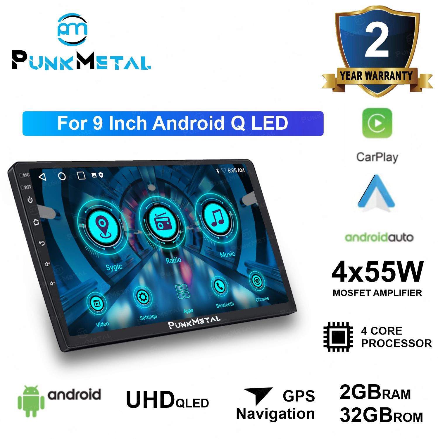 PunkMetal 9''Inch QLED(2GB/32GB)With Android Auto & Apple Car-Play android Car Stereo (Double Din)