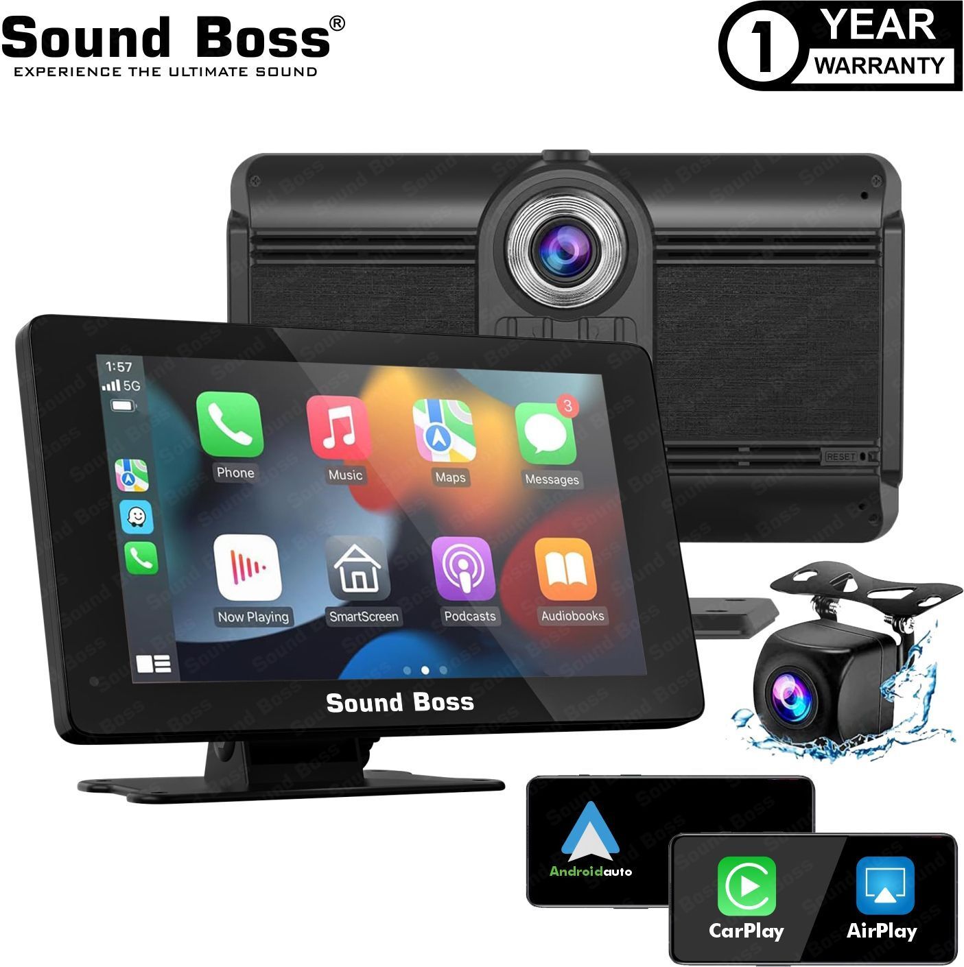Sound Boss 7" Smart Screen with CarPlay/Android Auto & In-Built Dual Dashcam Car Stereo (Double Din)
