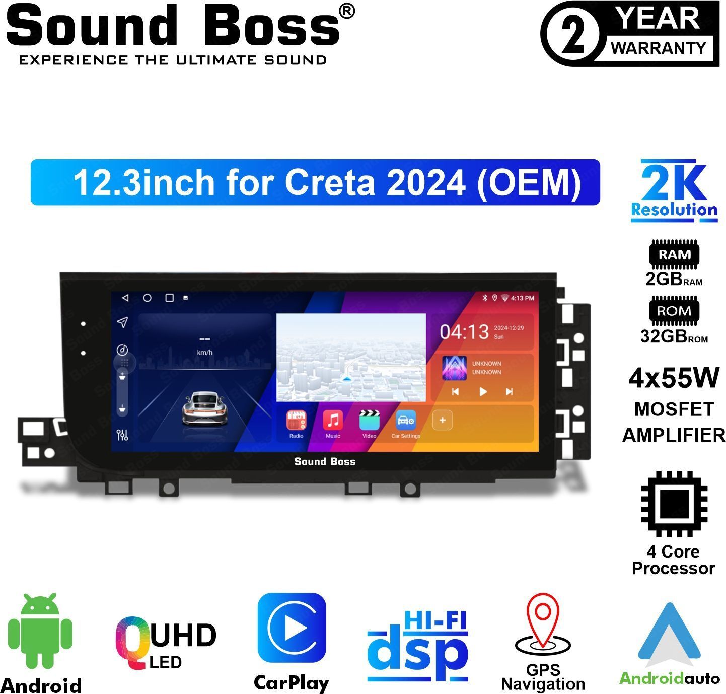 Sound Boss Androidify 4th Gen 12.3 Inch (2/32GB) For Hyundai Creta 2024 OEM Android Car Stereo (Double Din)
