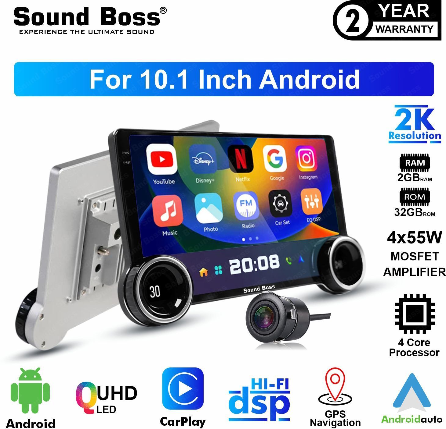 Sound Boss 2K Diamond Series Androidify 4th Gen 10.1 Inch 2GB/32GB Android With AHD Camera. Car Stereo (Double Din)