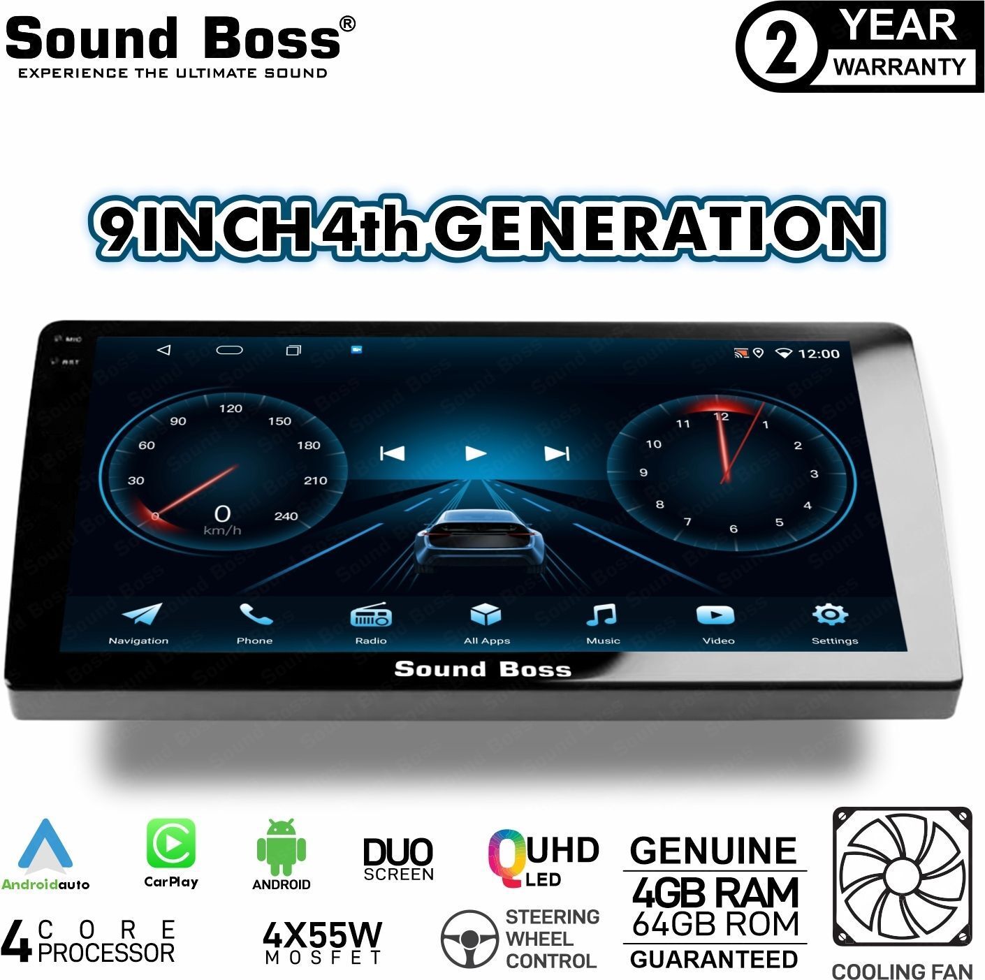 Sound Boss Androidify 4th Generation 9 Inch Android (4GB/64GB). Car Stereo (Double Din)