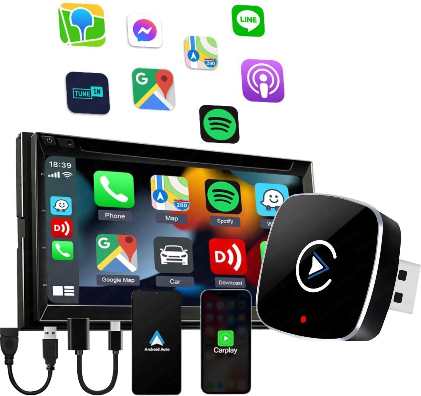 Sound Boss Cubic Wired To Wireless Carplay & Android Auto Usb Adaptor Plug N Play For OEM Car Stereo (Double Din)
