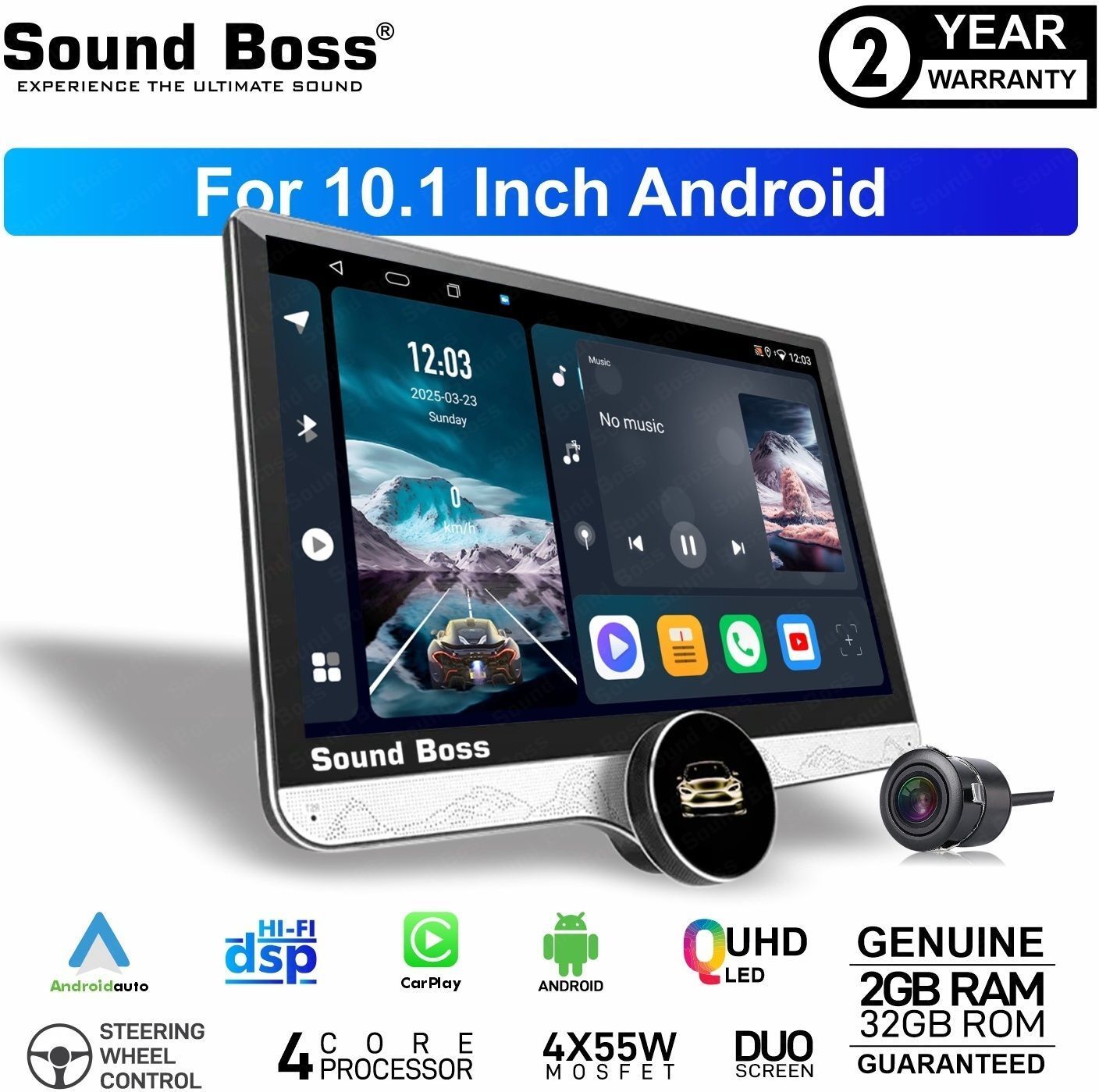 Sound Boss Androidify 4th Gen 10.1" Diamond Qled Middle Knob (2GB/32GB) Android. Car Stereo (Double Din)