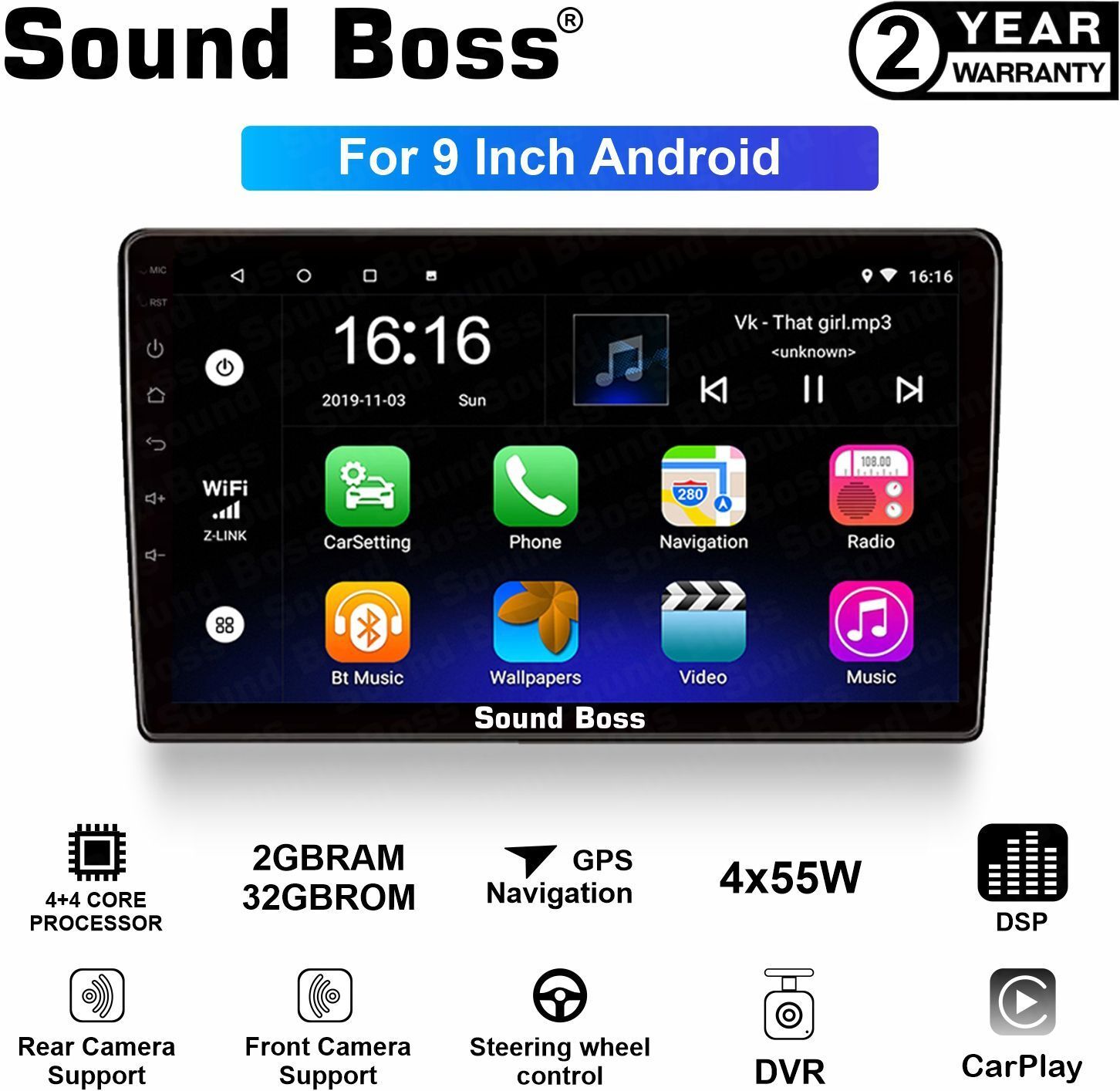 Sound Boss Androidify 3rd Generation Adv+ 9 Inch Android (2GB/32GB) Car Stereo (Double Din)
