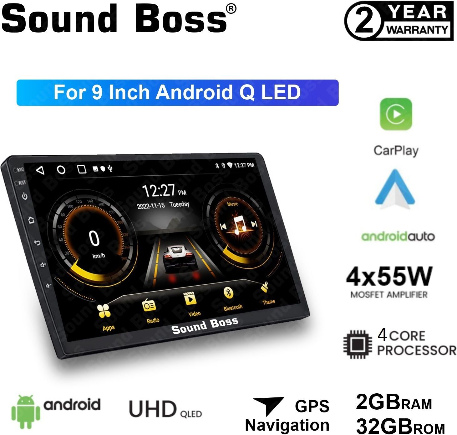 Sound Boss Androidify 3rd Generation 9" Inch QLED IPS Android Car-Play (2GB/32GB) Car Stereo (Double Din)