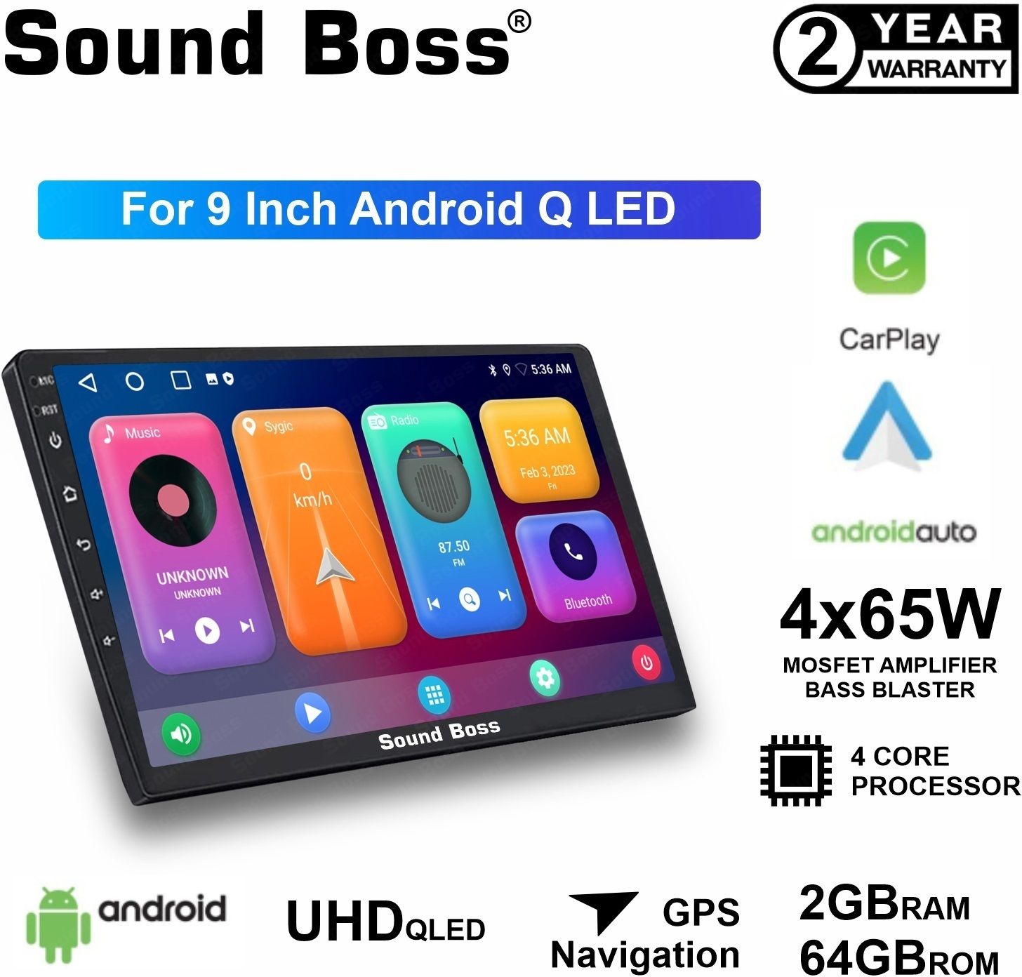Sound Boss Androidify 3rd Generation Bass Blaster 9' Inch QLED Android Car-Play (2GB/64GB) Car Stereo (Double Din)